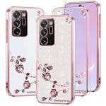 Kainevy pour Coque Samsung Note 20 Ultra 5G Transparent Paillette Fleur Motif pour Femme Fille Antichoc Etui Samsung Galaxy Note 20 Ultra Coque Silicone Ultra Fine Jolie Luxe Case (Rose+Argenté)