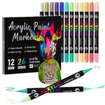 Sonlaryin Feutre Acrylique 24 Couleurs 12 Pièces, Marqueur Peinture Acrylique Double Pointe, Marqueur Acrylique pour peinture rupestre, bricolage, céramique, verre, toile, bois, Textile