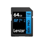 Lexar High-Performance 800x PRO SD Card 64GB, SDXC UHS-I Card, SD 3.0 Card up to 150MB/s Read, V30, U3, C10 SD Memory Card for Point-and-shoot Camera/Mid-range DSLR/HD Camcorder (LSD0800P064G-BNNAA)
