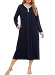 Lovasy Chemise de Nuit Manche Longue Coton pour Femme Vetement de Nuit Grande Taille avec Poches B-Bleu Marine M