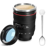 Mug Objectif Photo 350ml - Tasse à Café en Acier Inoxydable avec Couvercle et Cuillère, Cadeau pour Photographe, Design Unique Isotherme, Noir