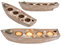 Bateau en Bois pour 4 Bougies Chauffe-Plat, décoration en Coquillages et Pierres, Environ 36,3 x 11 x 9 cm, Beige