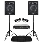 Pair of Speakers and Power Amplifier DJ PA System Set with Stands 15" Woofer