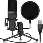 Qiandeng Microphone USB PC, Microphones d'enregistrement de micro-plug-et-jeu pour ordinateur portable PC, kit de microphone de condensateur de podcast professionnel avec trépied et filtre POP pour Ma