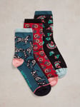 White Stuff Mixed Print Ankle Socks, Pack of 3, Teal/Multi