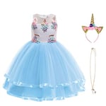 URAQT Robe Licorne Enfant de Princesse, Robes Fille, Robe de Princesse avec Licorne, Unicorn Party,Bleu,110 pour 3-4 Ans