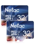 Netac 2 Paquets 32Go Carte Mémoire Micro SDHC A1, U1, C10, V10, FHD, 600X, UHS-I Vitesse Jusqu'à 90/10 Mo/Sec (R/W) pour Smartphone, Appareil Photo, Switch, Gopro, Tablette，Drones