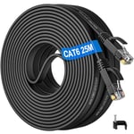 Cable Ethernet 25m, Cat 6 Cable Rj45 25 Mètres Plat Câble Réseau Haut Débit Fibre Fil Ethernet 25m Extérieur Intérieur Gigabit 1000Mbps Noir Câble Internet Lan Patch pour Switch Routeur