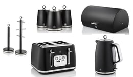 Swan Serenity Black Kettle Toaster Bread Bin Canisters Mug Tree Towel Pole Set