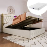 Lit coffre-Lit rembourré avec fonction de chargement usb Type c, lit double 140 x 200, lit avec sommier à lattes en métal, beige clair (avec matelas)