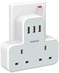 Double Plug Adaptor with 3 USB, TESSAN 2 Way Plugs Extension Multi Sockets Wall