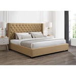 Vente-unique Lit coffre 200 x 200 cm avec tête de lit capitonnée - Tissu - Beige + Matelas - MASSIMO