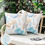 LRartdeco Housse Coussin Bleu 40x40 Housse de Coussin Exterieur Imperméable Fleurs Decoratif Housses de Coussin Lot de 2 Taie Oreiller Lin pour Salon Balcon Jardin Coussin Canape Decoration