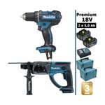 Pack Makita Premium 18V 5Ah: Perceuse 62Nm DDF482 + Perforateur 2J DHR202 + 2 batteries + 2 MakPac MAK2220RTJ Makita