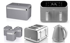 SWAN Retro Grey Kettle Toaster Dual Basket Air Fryer Bread Bin & Canisters Set