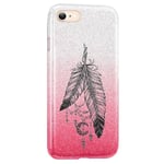 Coque Iphone 7 et 8 et SE 2020 paillettes rose tie plumes