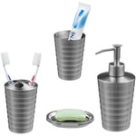 Accessoires de salle de bain, 4 pièces, en acier inox, porte-savon, distributeur de savon, gobelets, argenté - Relaxdays