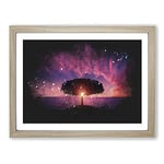 Lone Tree Beneath A Purple Sunset Paint Splash Modern Art Framed Wall Art Print, Ready to Hang Picture for Living Room Bedroom Home Office Décor, Oak A4 (34 x 25 cm)