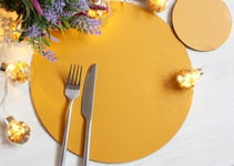 8 Elementary Mustard Bonded Leather Round Placemats and 8 Coasters - UK Made