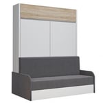 Armoire lit escamotable ALADYNO SOFA blanc bandeau chêne canapé gris 160*200 cm