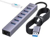 Hub USB 3.0 à 7 ports,hub USB vers réseau avec 6 ports de données USB 3.0,port Gigabit Ethernet et port d'alimentation 5 V/3 A,extension USB en aluminium pour ordinateur portable,IMAC,PC,.[W844]