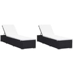 Lot de 2 transats chaise longue bain de soleil en résine tressée noire avec coussins