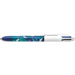 Bic Stylo bille rétractable 4 Couleurs. Corps décoré d'un design botanique feuills verte, bleue et blanc