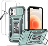 Antichoc Coque Para Iphone 12 6.1',Tpu+Pc Housse Protection De Qualité Militaire Avec Lentille Coulissante Couverture/2* Verre Trempé,Compatible Support De Voiture Magnétique-Vert