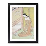 Woman With A Cat By Harunobu Suzuki Asian Japanese Framed Wall Art Print, Ready to Hang Picture for Living Room Bedroom Home Office Décor, Black A2 (64 x 46 cm)