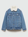 Mango Kids' Neguri Faux Fur Contrast Collar Denim Jacket, Open Blue