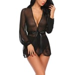 Robe De Chambre Femme Sexy,Dentelle Transparente Profonde V Femmes en Dentelle Transparente Kimono sous-Vêtements Robe Robe Vêtements De Nuit Vêtements De Nuit Intimes Robe Sexy Lingerie Kimono Ro