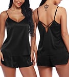 RSLOVE Lingerie Sexy Vêtements de Nuit en Satin Pyjamas Ensemble Cami Shorts Col en V pour Femmes Noir S