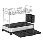 SONGMICS 2-Tier Dish Drainer Rack, Expandable Dish Drying Rack, Stainless Steel Kitchen Dish Rack with Utensil Holder, Rustproof, for Dishes, Knives, Spoons, Forks, Silver and Black KCS036B01