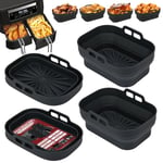 Alyvisun Air Fryer Silicone, 4PCS Reusable Dual Airfryer Accessories Liner Foldable Baking Rack Moulds Rectangular Basket Versatile Non Stick Tray (Black)