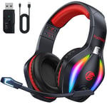 Fachixy「2024 Nouveau」FC100 Casque de Jeu sans Fil - 2,4 GHz et Casque Bluetooth avec Microphone - Son stéréo 3D et autonomie de 50 Heures - pour PS5/PS4/PC/tablettes/Switch/smartphones, Noir-Rouge