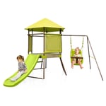 Costway Outdoor Kids Swing Set Metal Backyard Playground Covered Playhouse Fort