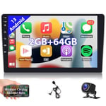 Hodozzy Autoradio Android 2GB+64GB sans Fil Carplay Android Auto Radio 9 Pouces Double Din écran Tactile 2 Din Auto Radio Voiture GPS Navigation HiFi Bluetooth WiFi FM RDS Radio, Caméra Recul, SWC