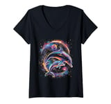 Womens Dolphin In Space Moon Stars Planets Dolphin Lover V-Neck T-Shirt