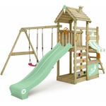 Wickey - Aire de jeux CherryFlyer avec balançoire & toboggan, tour d'escalade avec bac à sable, échelle & accessoires de jeu – vert pastel