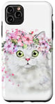 Coque pour iPhone 11 Pro Max Chat blanc avec couronne de fleurs roses et yeux verts design mignon