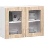 Vitrine de cuisine Akord lima W80 D2 Blanche 80 cm 2 portes façade Chêne Sonoma 2 étagères 80x30,5x58 cm