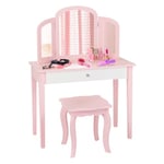 GOPLUS Coiffeuse Enfant Fille, Table de Maquillage avec Tabouret et Miroir Amovible, Table Fille avec Tiroir, Bureau Coiffeuse, Chambre d’Enfant,70X34X95 CM (Rose)