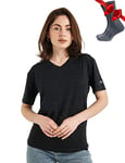 Merino.tech T Shirt Merinos Femme - Laine Merinos Chemise Femme + Chaussettes de randonnée en Laine mérinoss (X-Large, Heathered Black V-Neck)