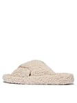 FitFlop Iqushion D-Luxe Padded Teddy Cross Slide Slippers - Milk Ice, White, Size 7, Women