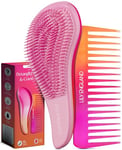 Detangle Hair Brush and Wide Tooth Comb Set Easy to Hold Detangler Hairbrush and Detangling Comb for Women and Kids for Wet or Dry, Fine, Curly, Thick, Afro Hair by Lily England - Pink/Orange