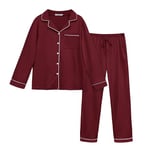 Lovasy Pyjama Femme Hiver et Chaud Ensemble Pyjamas Col V avec Boutons Long Vêtements de Nuit 2 Pièces Pyjamas Top Sleepwear Casual A Vine Rouge S