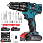 TIHOOK Cordless Drill Driver 21V, Cordless Hammer Drill with 2 Batteries 2000mAh, 42N.m Combi Drill, 3/8" Chuck, LED Light, 25+3 Torque Cordless dril, 2 Speed, Fast Charging Screwdriver