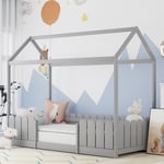 Lit cabane 90x200 cm - lit d'enfant en bois polyvalent pour garçons et filles - avec protection antichute et sommier à lattes - gris (sans matelas)