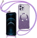 Couqe Magn??Tique Pour Iphone 12 Pro Max Con Cordon, Compatible Avec Magsafe, Brillant Glitter Paillet?? Antichoc Durable R??Sistante Etui Soft Bumper Housse Pour Iphone 12 Pro Max, Violet