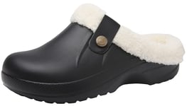 ChayChax Femme Hiver Sabots Fourrées Homme Pantoufles Chaud Peluche Chaussons Maison Imperméables Chaussures de Jardin Intérieur et Extérieur,35/36 EU,Noir